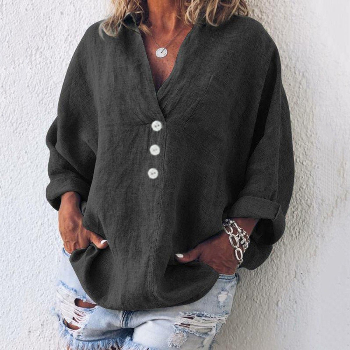 Lavisa - Women's Relaxed-Fit Cotton Linen Button-Up Sweater Shirt