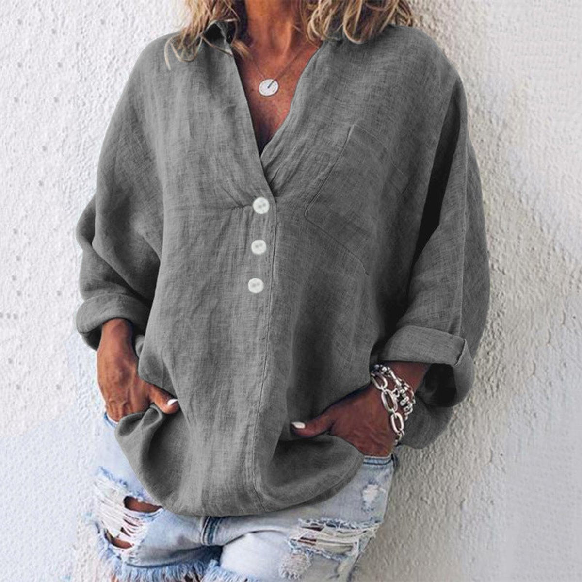 Lavisa - Women's Relaxed-Fit Cotton Linen Button-Up Sweater Shirt