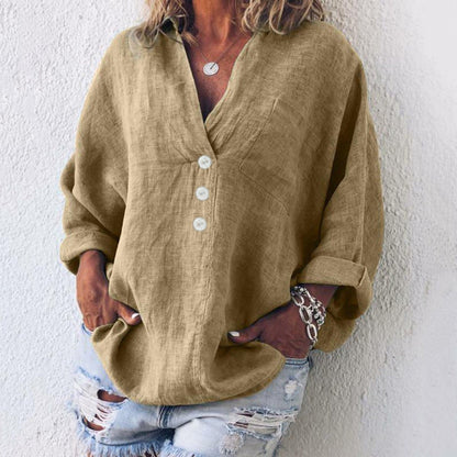 Lavisa - Women's Relaxed-Fit Cotton Linen Button-Up Sweater Shirt