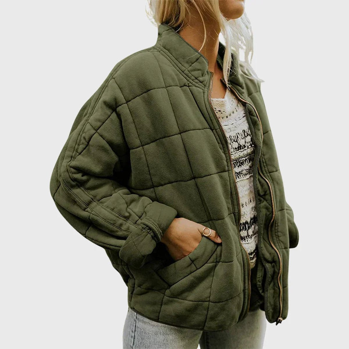 Relaxed Fit Diamond Quilted Zip Up Jacket - Front View | Lavisa