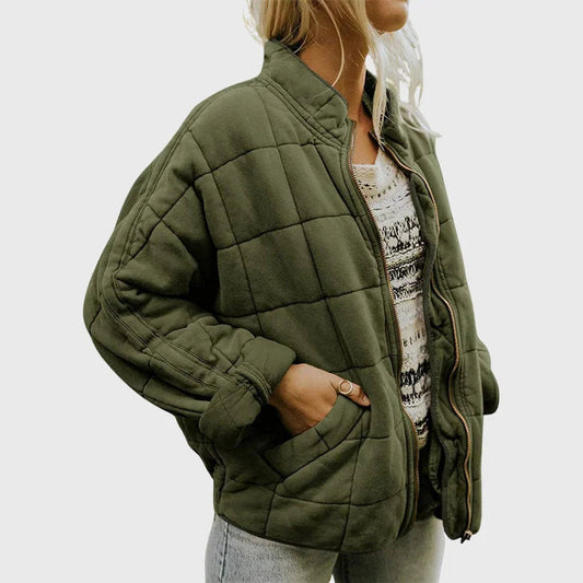 Relaxed Fit Diamond Quilted Zip Up Jacket - Front View | Lavisa