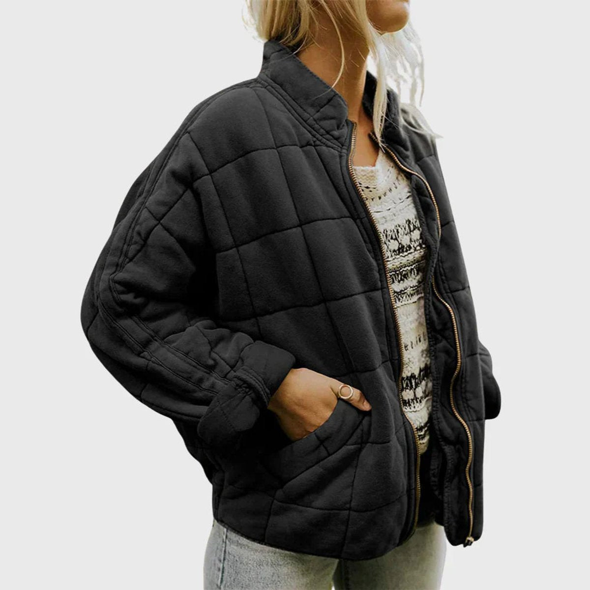 Relaxed Fit Diamond Quilted Zip Up Jacket - Back View | Lavisa