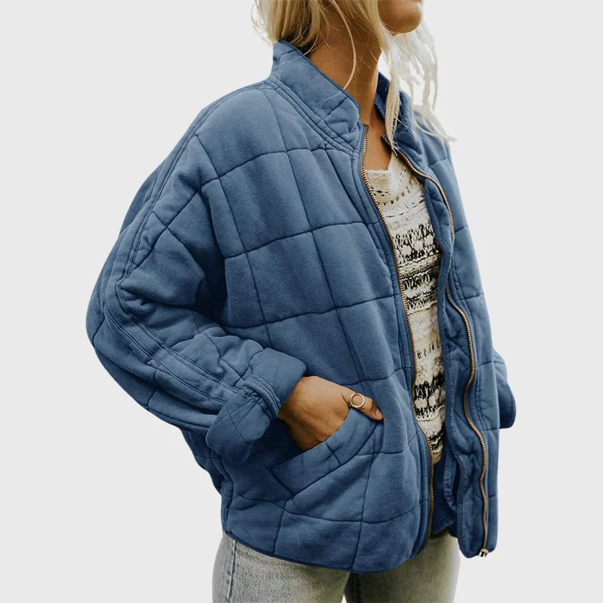 Relaxed Fit Diamond Quilted Zip Up Jacket - Sole & Material View | Lavisa