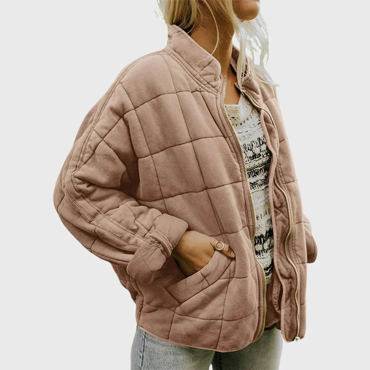 Relaxed Fit Diamond Quilted Zip Up Jacket - Lifestyle & Model Angle | Lavisa