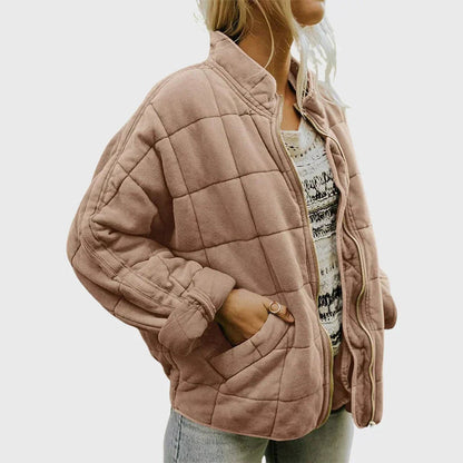 Relaxed Fit Diamond Quilted Zip Up Jacket - Lifestyle & Model Angle | Lavisa