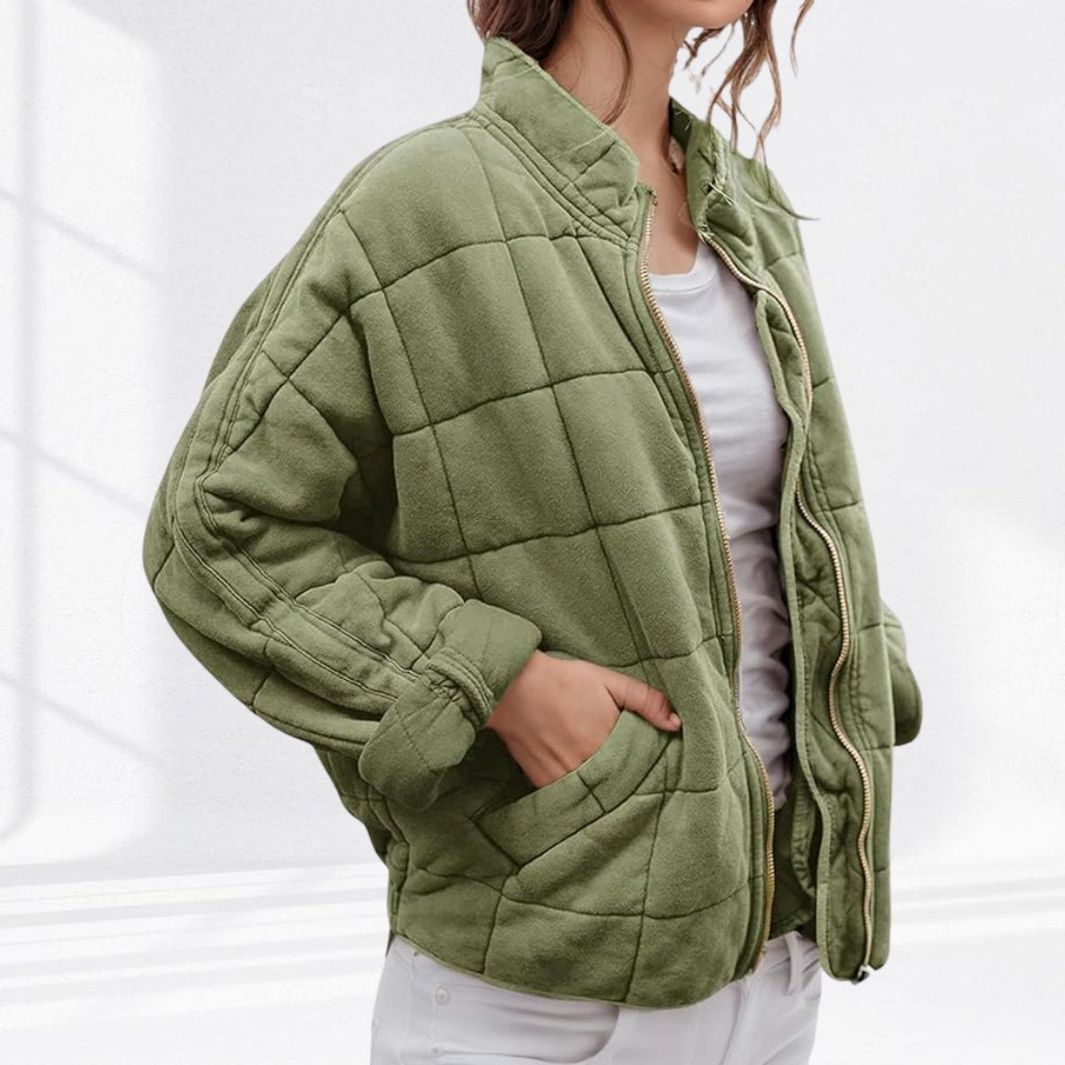 Relaxed Fit Diamond Quilted Zip Up Jacket - Variant Angle | Lavisa