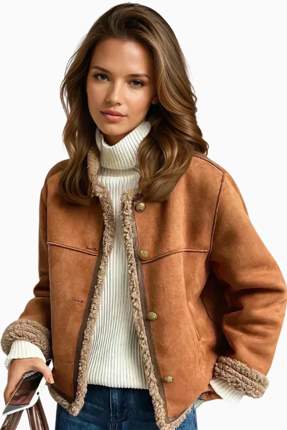 Women's Relaxed-Fit Faux Shearling Button-Front Cropped Jacket - Side Angle | Lavisa