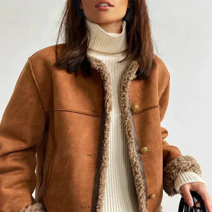 Women's Relaxed-Fit Faux Shearling Button-Front Cropped Jacket - Back View | Lavisa