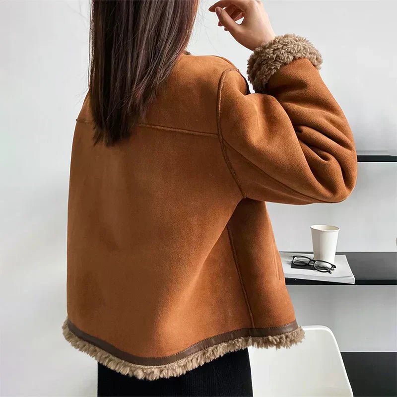 Women's Relaxed-Fit Faux Shearling Button-Front Cropped Jacket - Close-Up Texture & Detail | Lavisa
