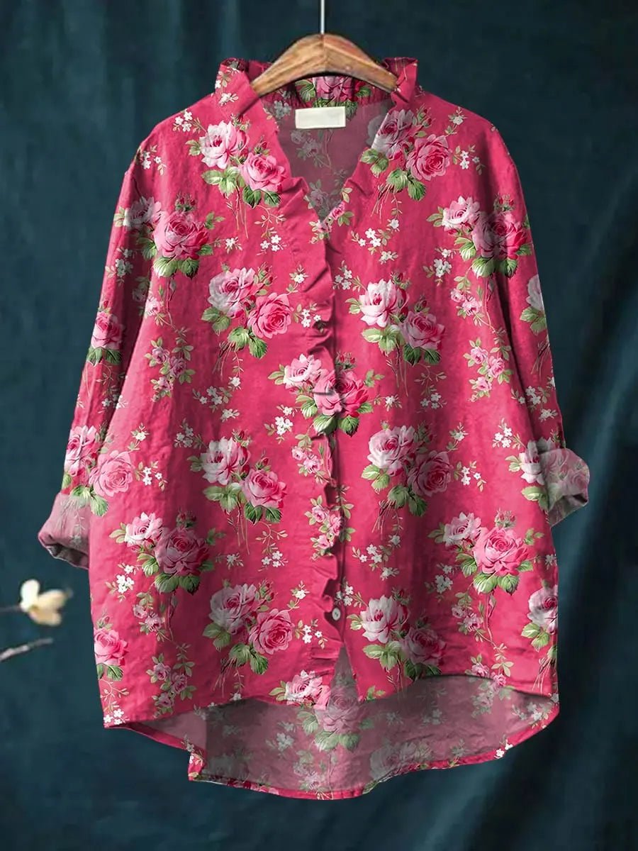 Lavisa - Women's Relaxed-Fit Floral Ruffle Long-Sleeve Linen Blouse