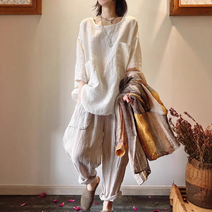 Lavisa - Women's Relaxed-Fit Linen Three-Quarter Sleeve Patch Pocket Tunic