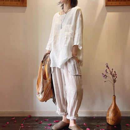 Lavisa - Women's Relaxed-Fit Linen Three-Quarter Sleeve Patch Pocket Tunic