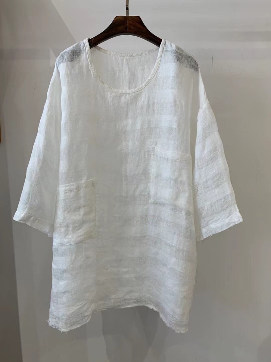 Lavisa - Women's Relaxed-Fit Linen Three-Quarter Sleeve Patch Pocket Tunic