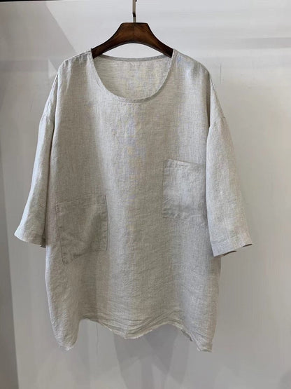 Lavisa - Women's Relaxed-Fit Linen Three-Quarter Sleeve Patch Pocket Tunic