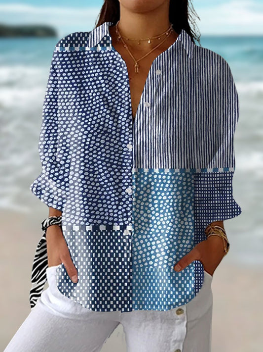 Lavisa - Women's Relaxed-Fit Patchwork Print Long-Sleeve Button-Up Blouse