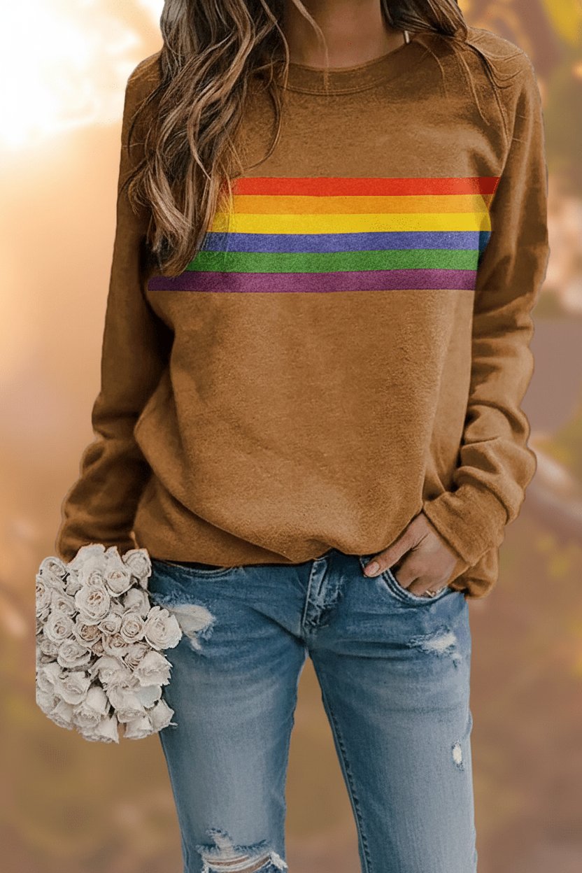 Women's Relaxed-Fit Rainbow Striped Crew-Neck Jumper - Lifestyle & Model Angle | Lavisa