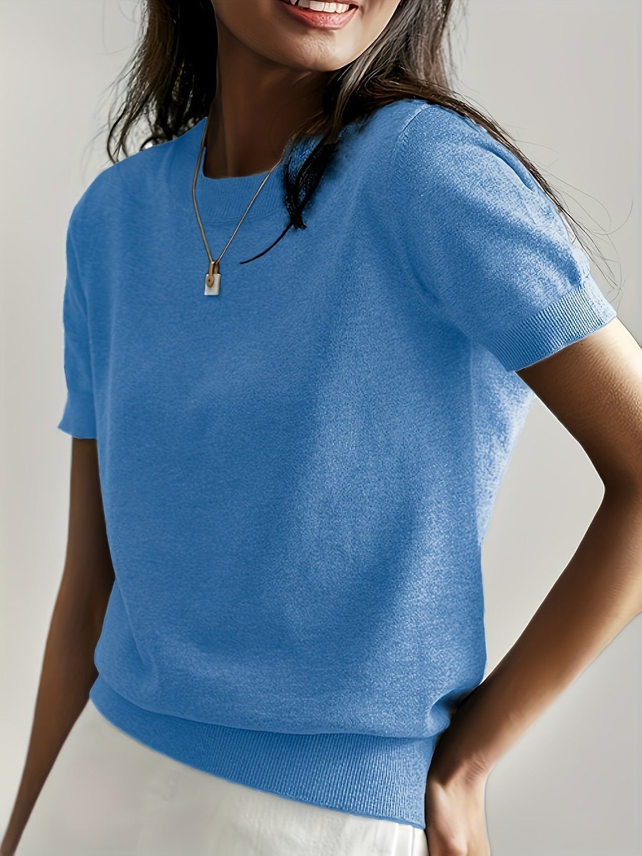 Women's Relaxed Fit Short Sleeve Knit Sweater Top - Front View | Lavisa