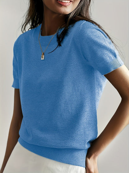Women's Relaxed Fit Short Sleeve Knit Sweater Top - Front View | Lavisa