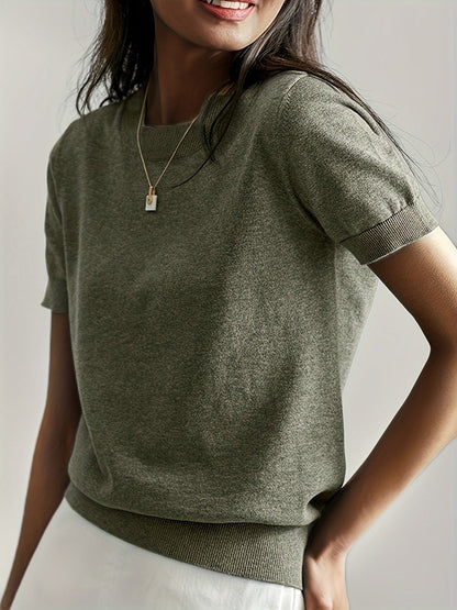 Women's Relaxed Fit Short Sleeve Knit Sweater Top - Side Angle | Lavisa