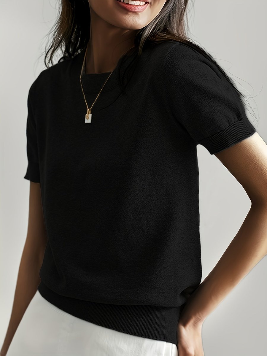 Women's Relaxed Fit Short Sleeve Knit Sweater Top - Back View | Lavisa