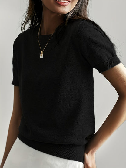 Women's Relaxed Fit Short Sleeve Knit Sweater Top - Back View | Lavisa