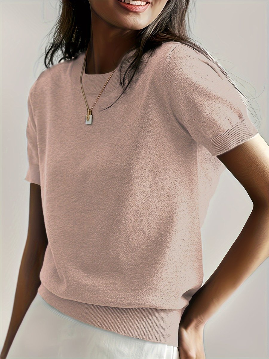 Women's Relaxed Fit Short Sleeve Knit Sweater Top - Sole & Material View | Lavisa