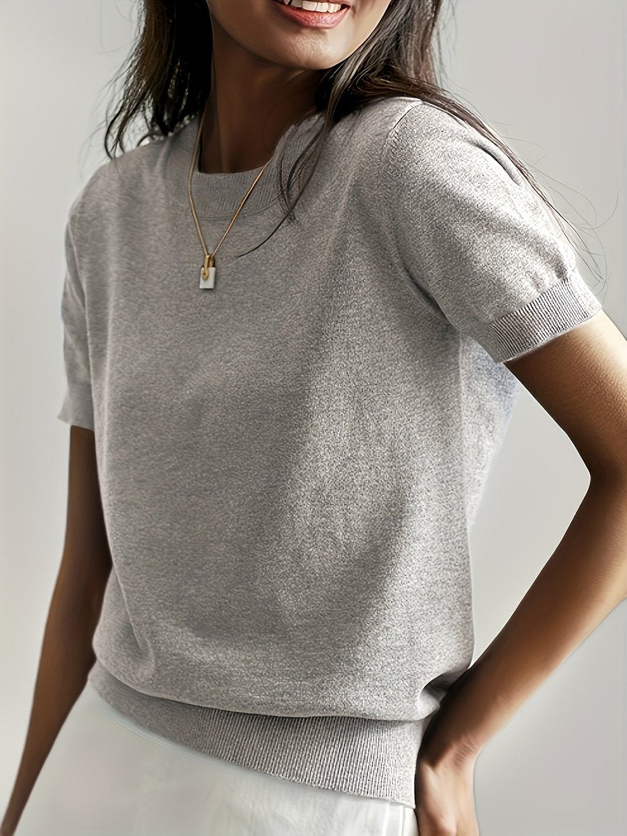 Women's Relaxed Fit Short Sleeve Knit Sweater Top - Lifestyle & Model Angle | Lavisa