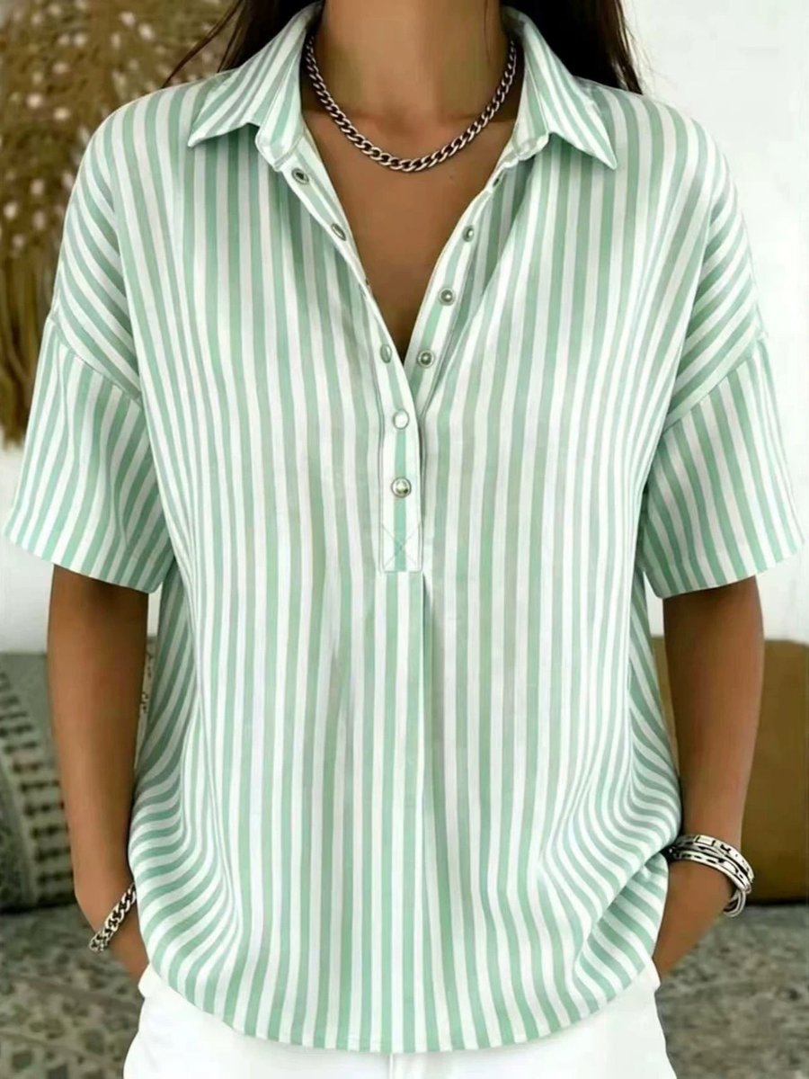 Lavisa - Women's Relaxed-Fit Striped Collared Short-Sleeve Blouse