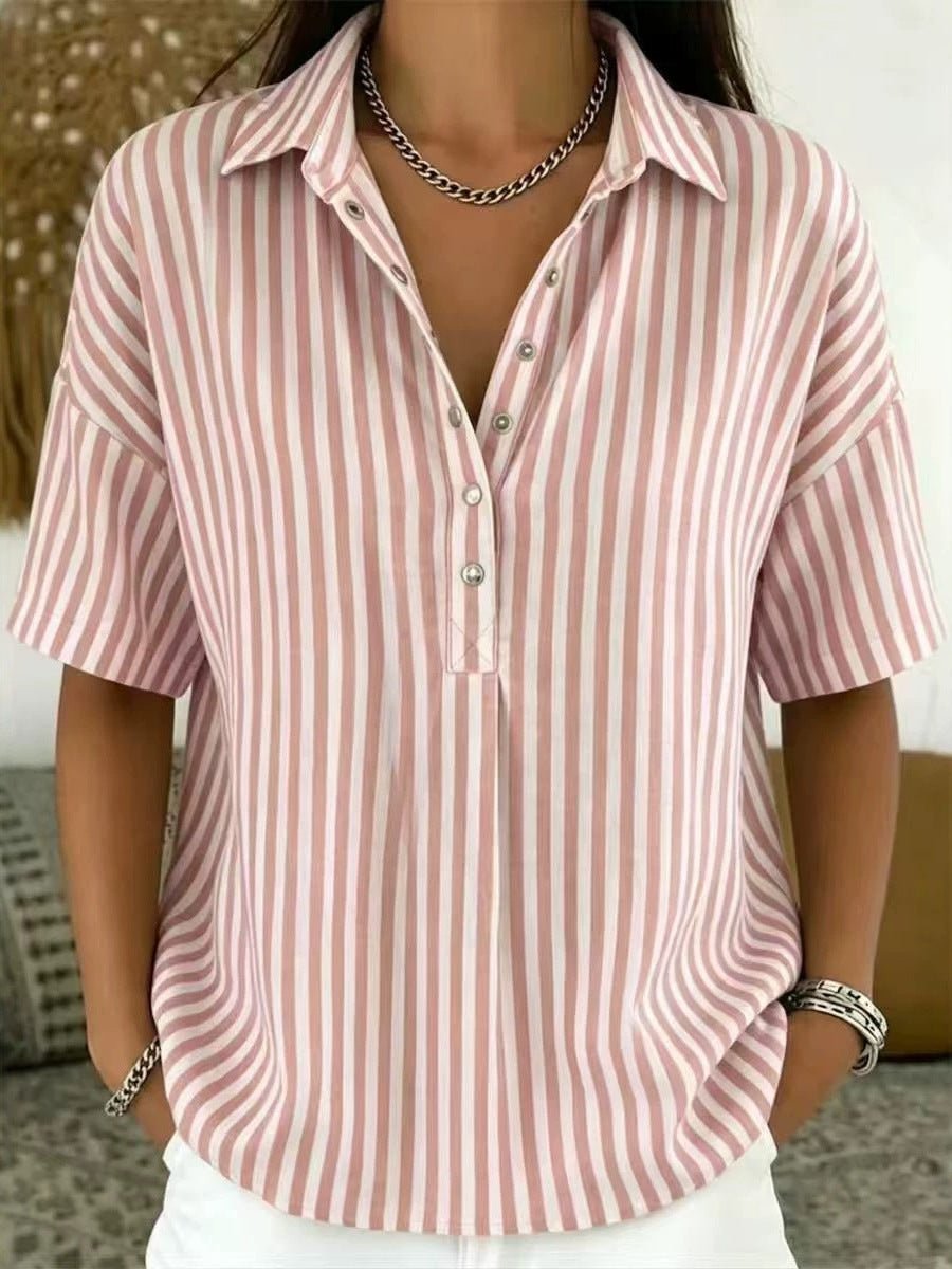 Lavisa - Women's Relaxed-Fit Striped Collared Short-Sleeve Blouse