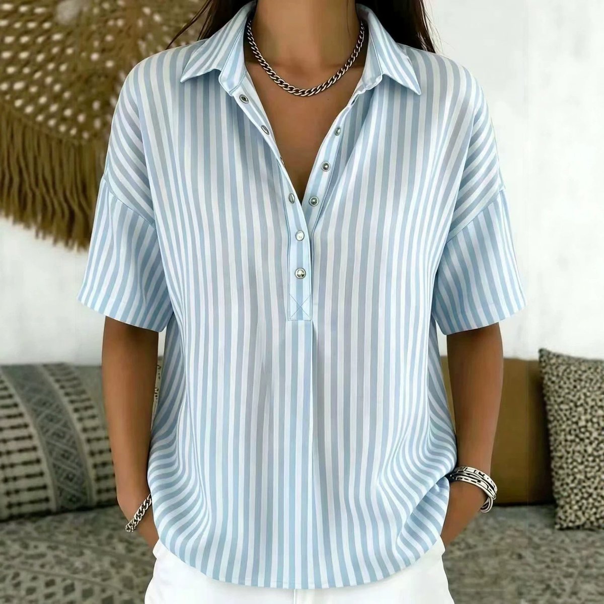 Lavisa - Women's Relaxed-Fit Striped Collared Short-Sleeve Blouse