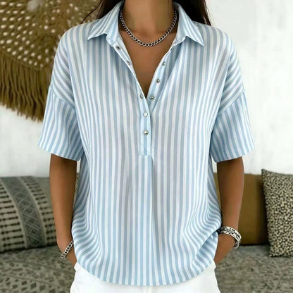 Lavisa - Women's Relaxed-Fit Striped Collared Short-Sleeve Blouse