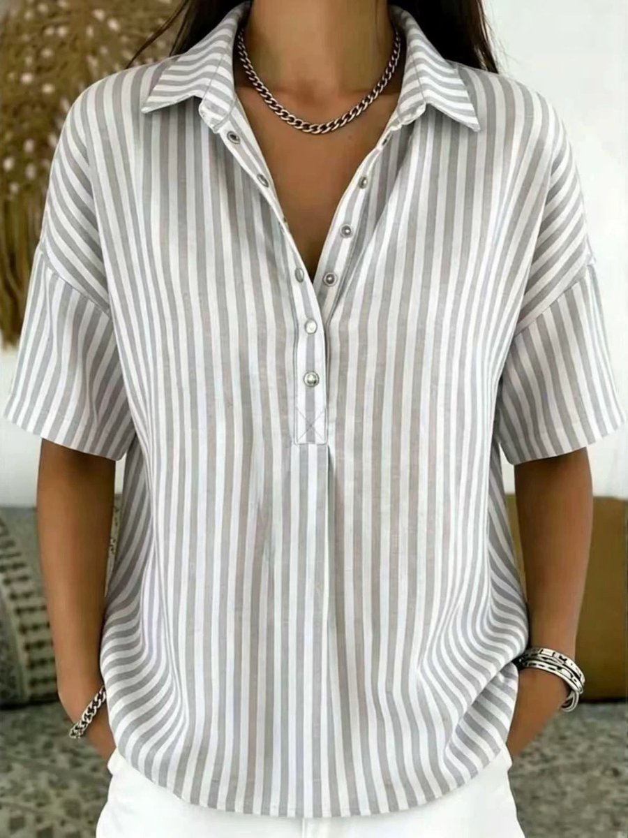 Lavisa - Women's Relaxed-Fit Striped Collared Short-Sleeve Blouse