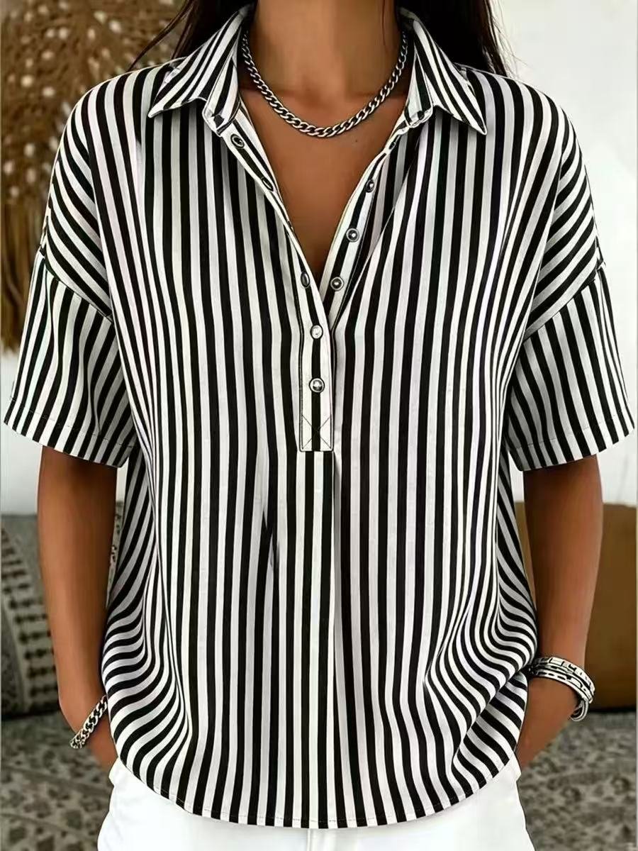 Lavisa - Women's Relaxed-Fit Striped Collared Short-Sleeve Blouse