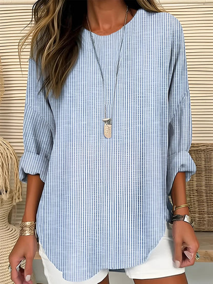 Women's Relaxed-Fit Striped Crew-Neck Long-Sleeve Blouse - Front View | Lavisa