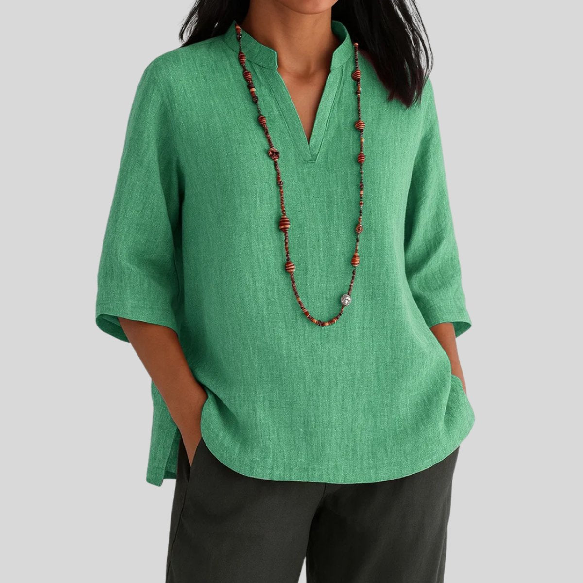 Lavisa - Women's Relaxed-Fit V-Neck 3/4 Sleeve Linen Tunic Top