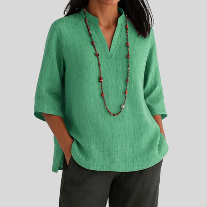 Lavisa - Women's Relaxed-Fit V-Neck 3/4 Sleeve Linen Tunic Top