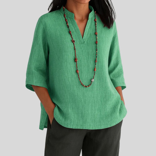 Lavisa - Women's Relaxed-Fit V-Neck 3/4 Sleeve Linen Tunic Top