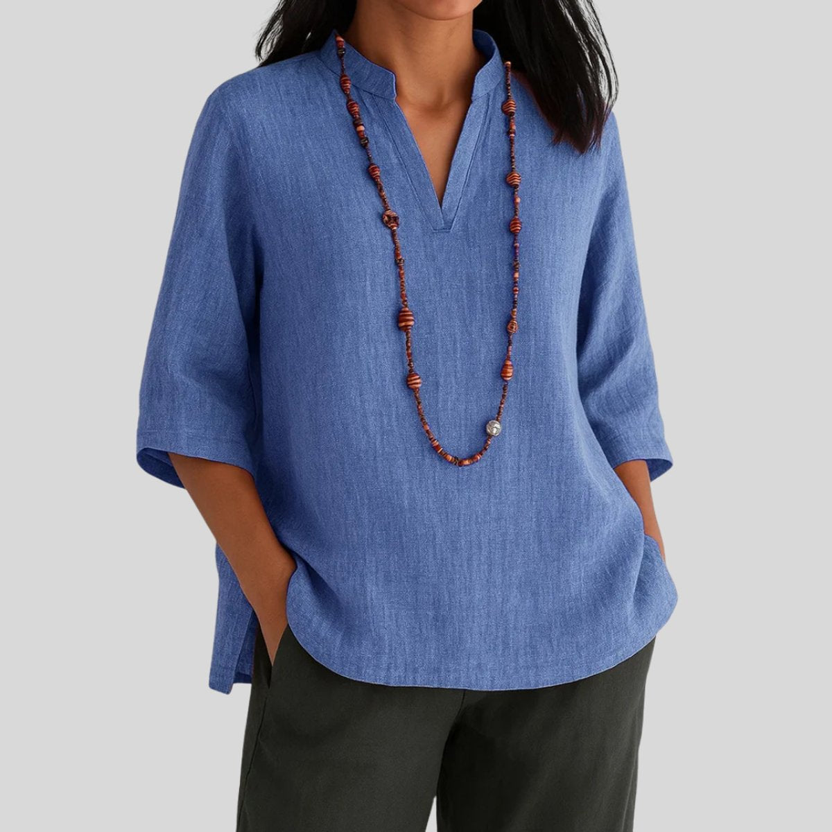 Lavisa - Women's Relaxed-Fit V-Neck 3/4 Sleeve Linen Tunic Top