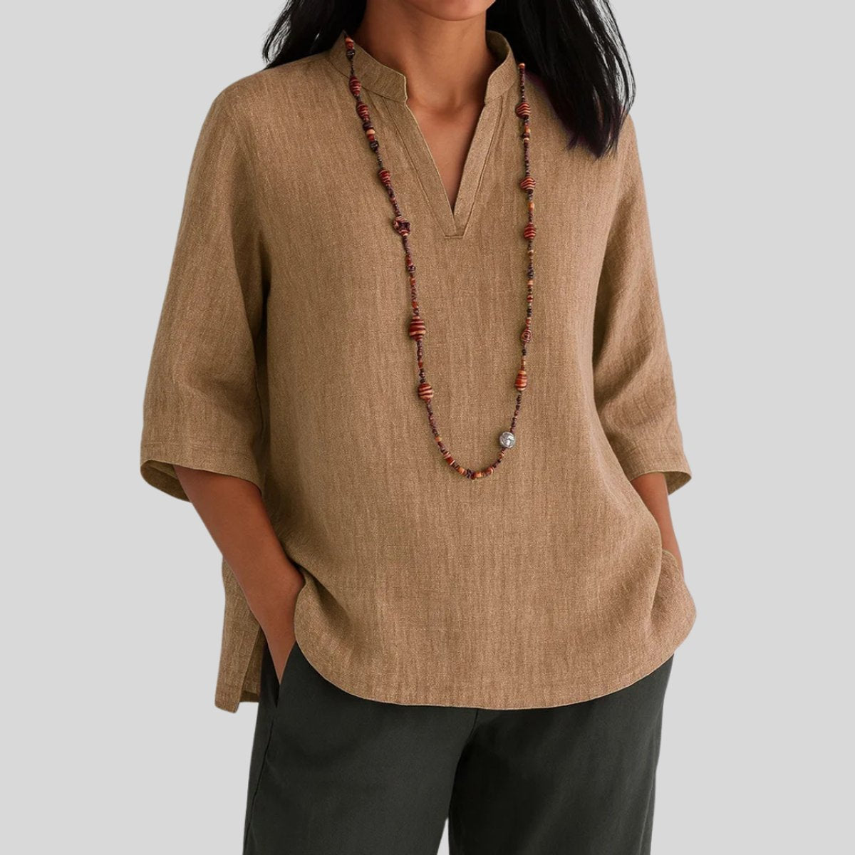 Lavisa - Women's Relaxed-Fit V-Neck 3/4 Sleeve Linen Tunic Top
