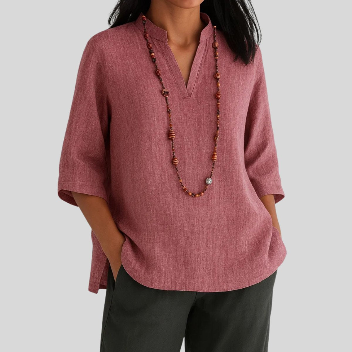 Lavisa - Women's Relaxed-Fit V-Neck 3/4 Sleeve Linen Tunic Top
