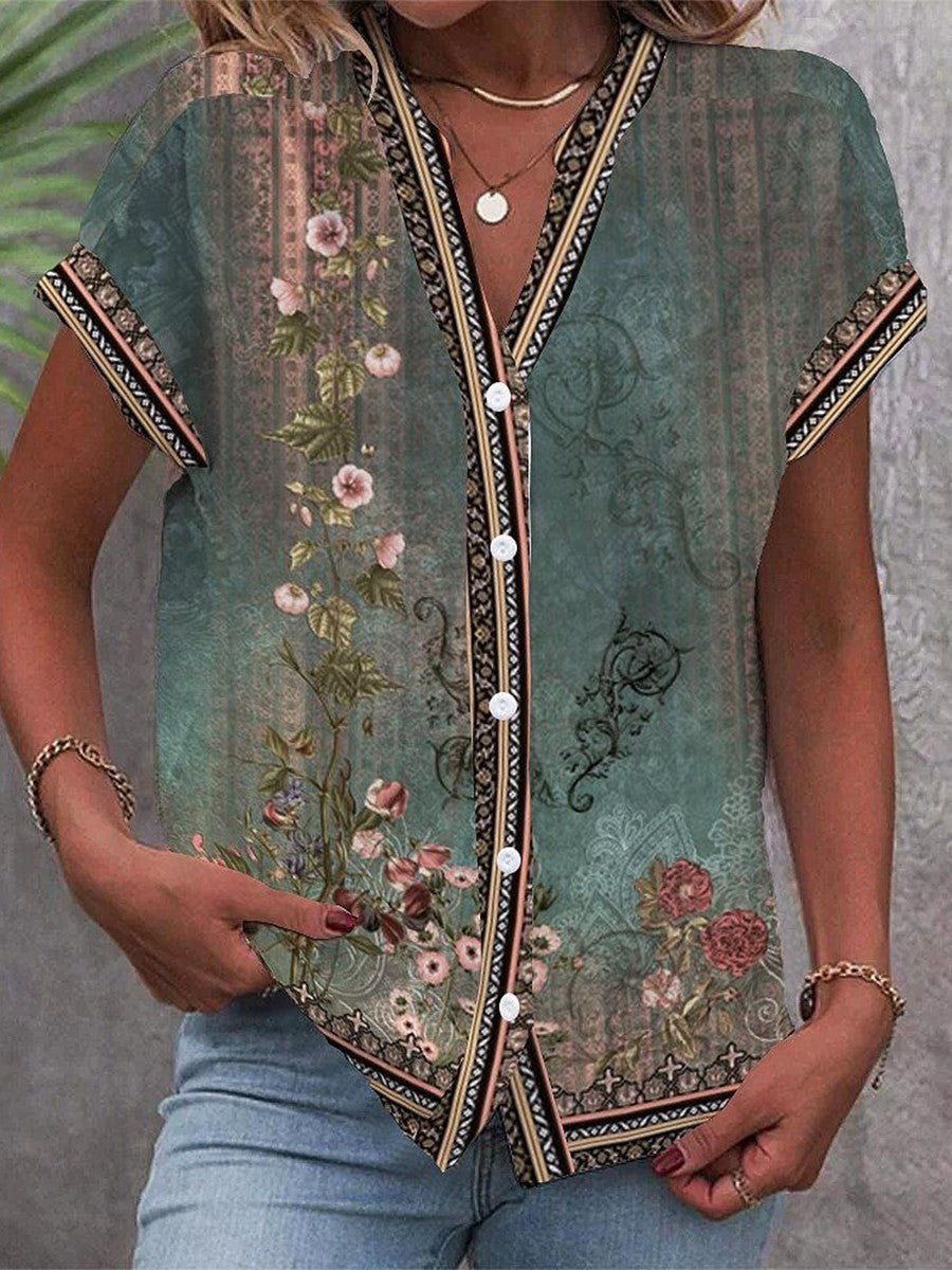 Lavisa - Women's Relaxed-Fit V-Neck Floral Print Button-Up Blouse