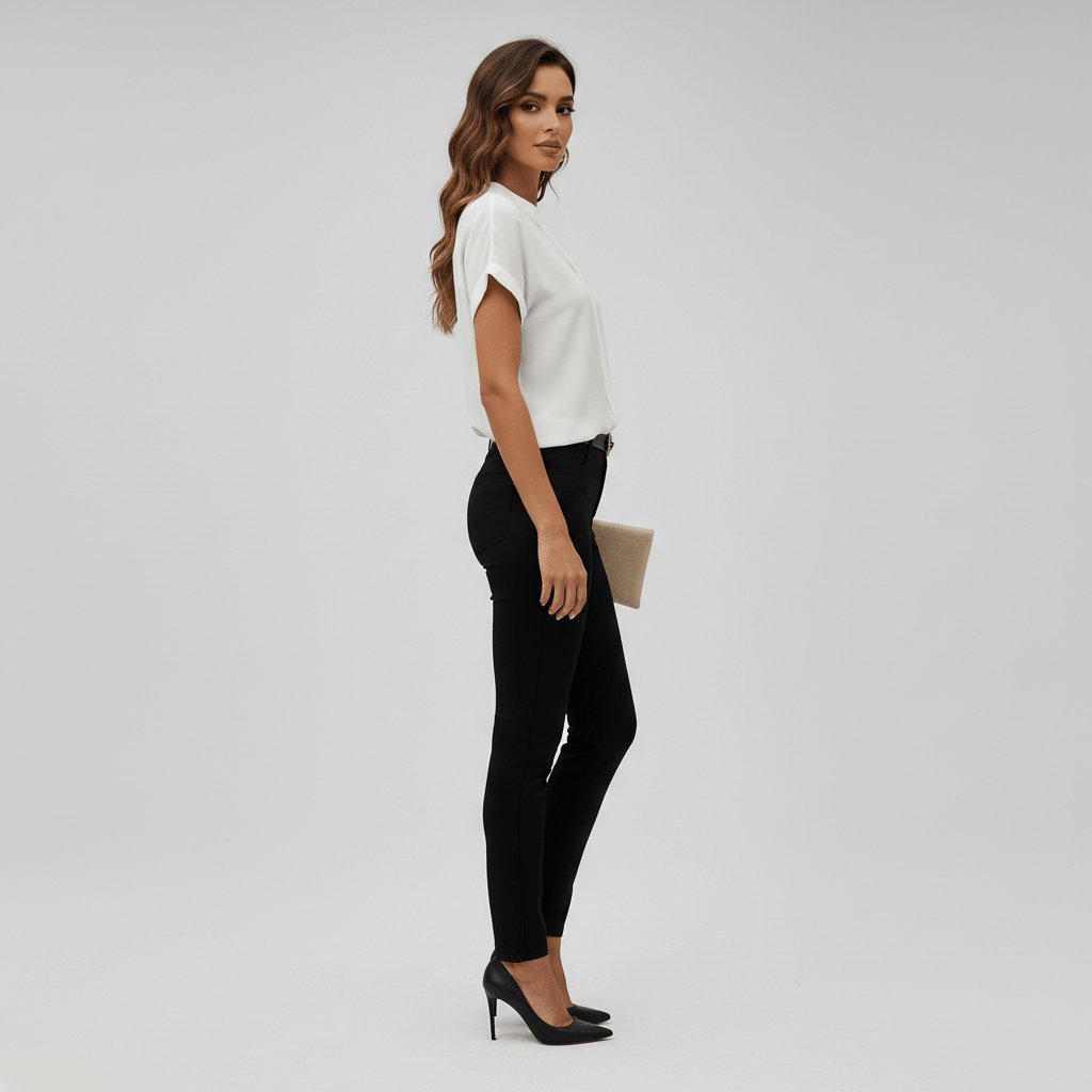 Women's Relaxed-Fit V-Neck Rolled-Cuff Short Sleeve Blouse - Side Angle | Lavisa
