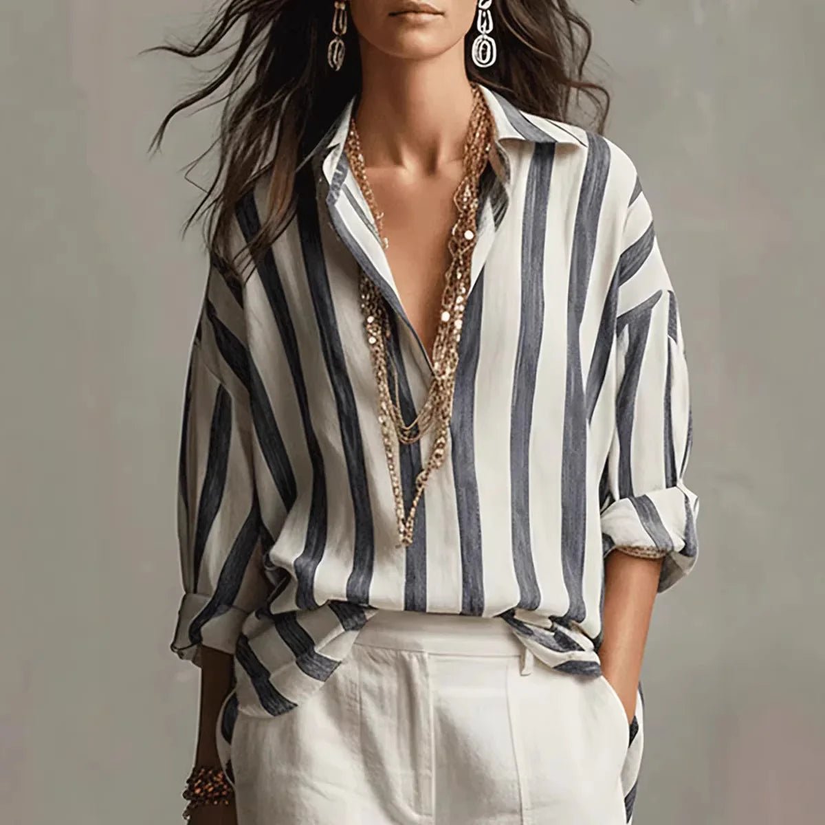 Lavisa - Women's Relaxed-Fit Vertical Striped Long Sleeve Linen Blouse