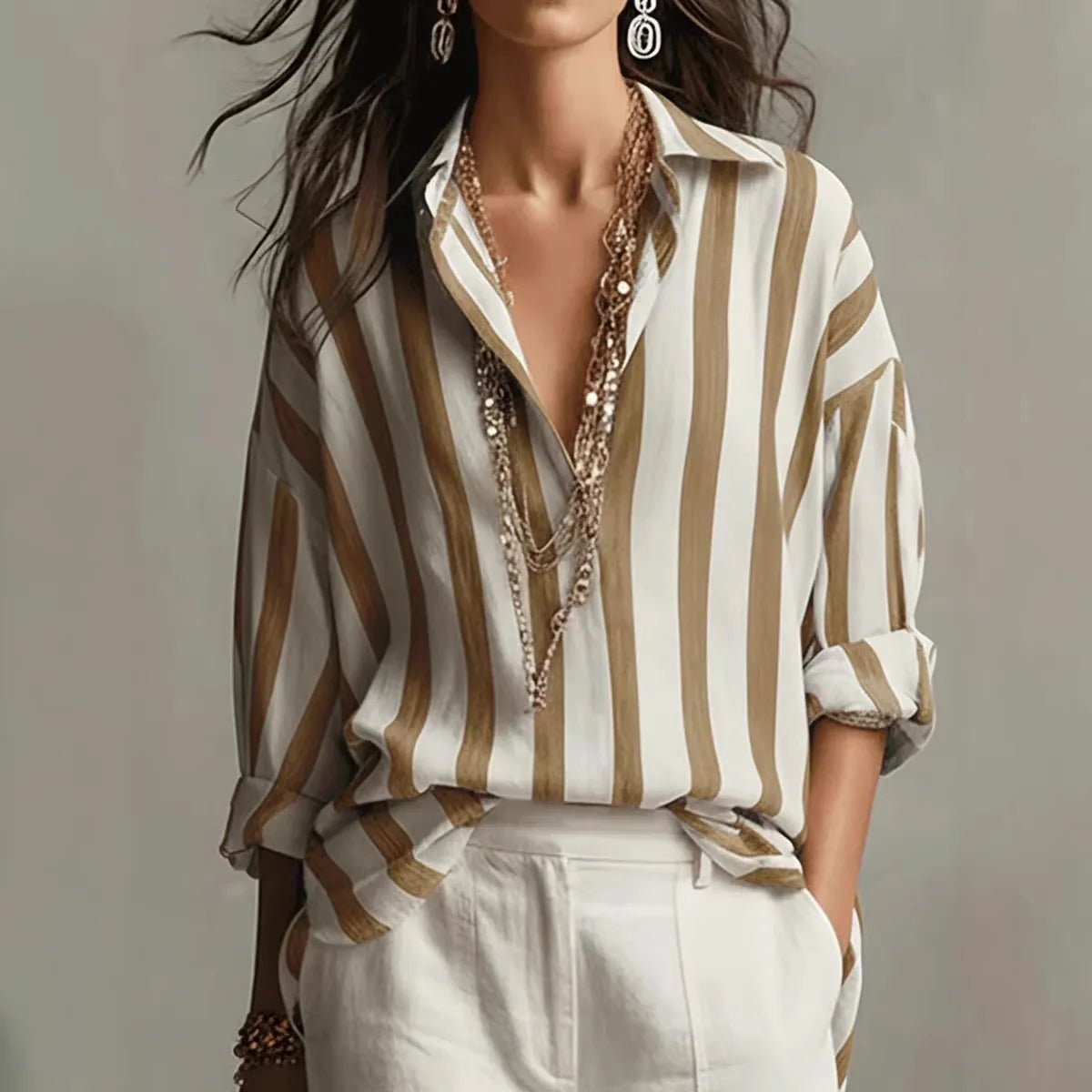Lavisa - Women's Relaxed-Fit Vertical Striped Long Sleeve Linen Blouse