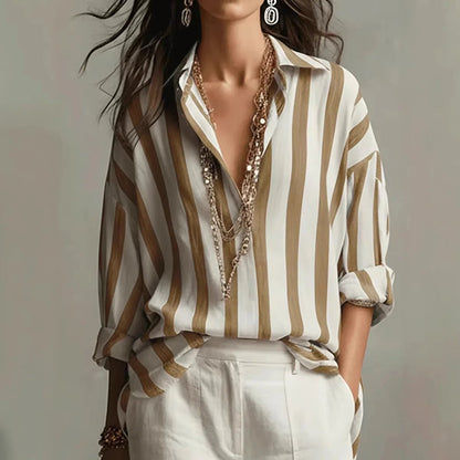 Lavisa - Women's Relaxed-Fit Vertical Striped Long Sleeve Linen Blouse
