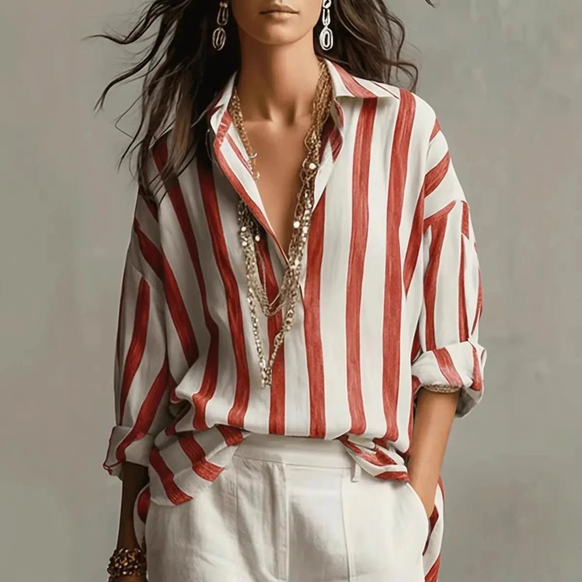 Lavisa - Women's Relaxed-Fit Vertical Striped Long Sleeve Linen Blouse