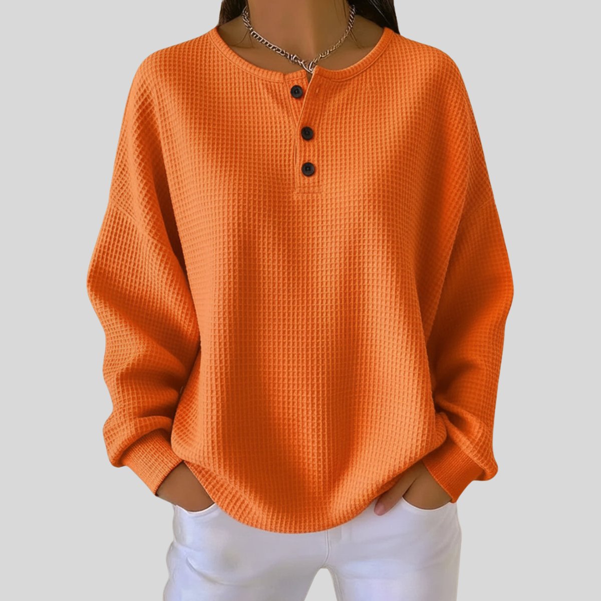 Women's Relaxed Waffle Knit Sweater Henley Long Sleeve Top - Side Angle | Lavisa