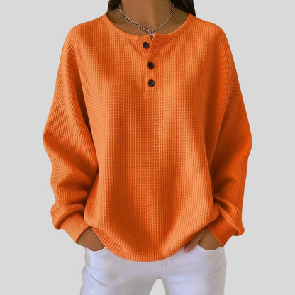 Women's Relaxed Waffle Knit Sweater Henley Long Sleeve Top - Side Angle | Lavisa