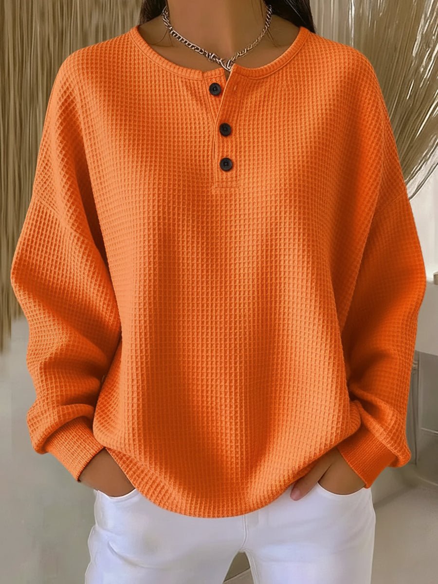 Women's Relaxed Waffle Knit Sweater Henley Long Sleeve Top - Front View | Lavisa