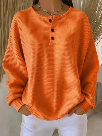 Women's Relaxed Waffle Knit Sweater Henley Long Sleeve Top - Front View | Lavisa